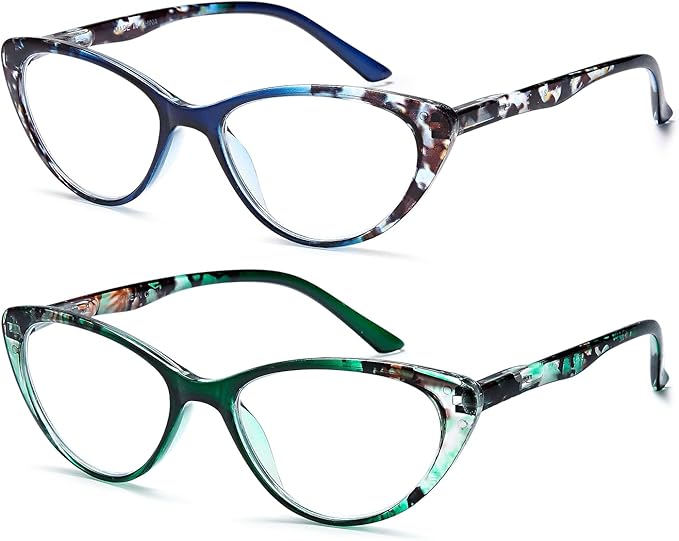 EYEURL Cat Eye Reading Glasses for Women, 2 Pack Blue Light Blocking Readers for Ladies Spring Hinge Fashion Pattern +1.50 Magnification Anti Eyestrain UV Protection