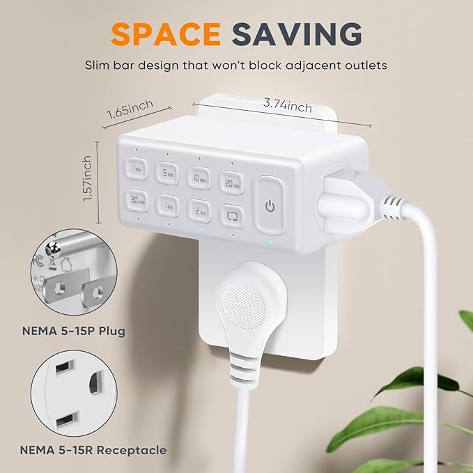 Countdown Timer Dual Outlet, Programmable Electrical Timers Outlets with Repeat Function, Up to 4H for Lights, Fan, Appliance, Electric Bike, 3-Prong, 15A/1875W, ½ HP, 2 Pack