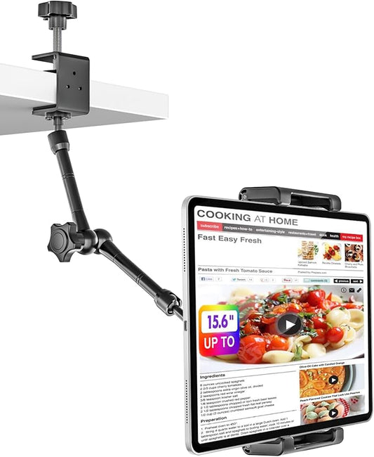 Kitchen Cabinet Tablet Mount - [Metal Adjustable Arm] Under Counter Tablet Holder for Desk Bed Stand with 1.26" Depth Large Clamp for iPad Pro 13 Air Mini, Galaxy, Fire, Switch, iPhone, 6-15.6" Device