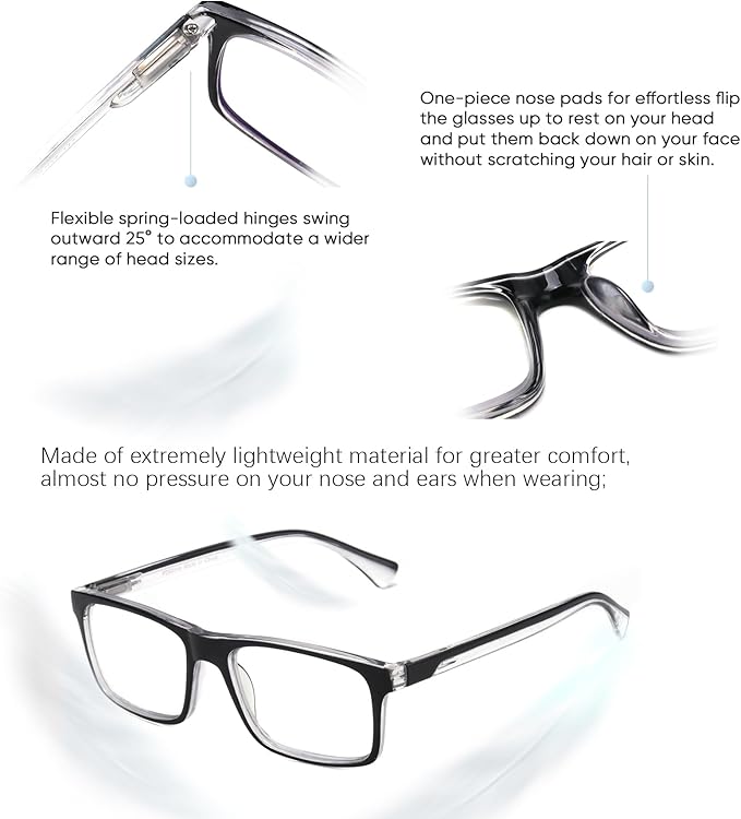 Missfive 2-Pack Mens Light Multifocus Progressive Reading Glasses Blue Light Blocking, Multifocal Spring Hinge No-Line Quality Trifocal Readers Comfort Eyeglasses (Workspace For Near Range, 1.5x)