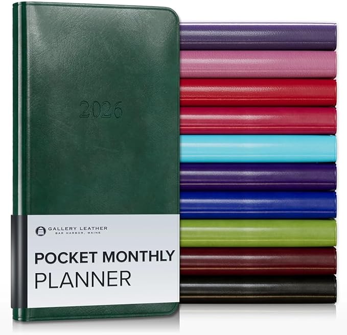 Gallery Leather Pocket Monthly Planner 2025-2026, Elegantly Bound Calendar Planner and Notebook with Stylish Gold-Gilded Page Edges, 18 Months - Acadia Green - 6x3.25"