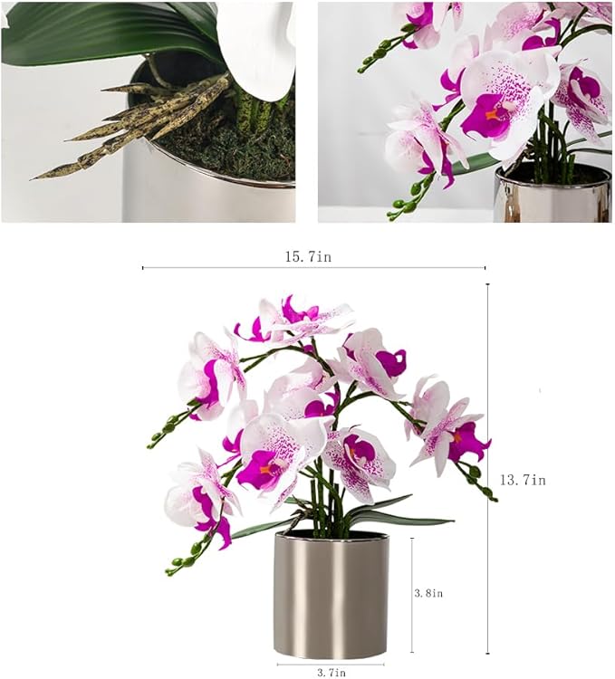 LESING Artificial Orchid Flower with Vase Realistic Orchids Faux Flower Fake Orchid Bonsai Plants in Pot Arrangement for Home Wedding Party Dining Table Centerpiece Decor (White Purple,Silver Vase)