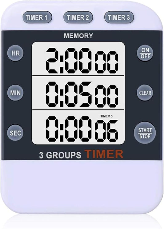Digital Dual Kitchen Timer for Cooking, 3 Channels Count Down/up Triple Multi Timers for Food, Magnetic Memory-Preset Large-Display Adjustable Alarm Volume, 3A Battery Included