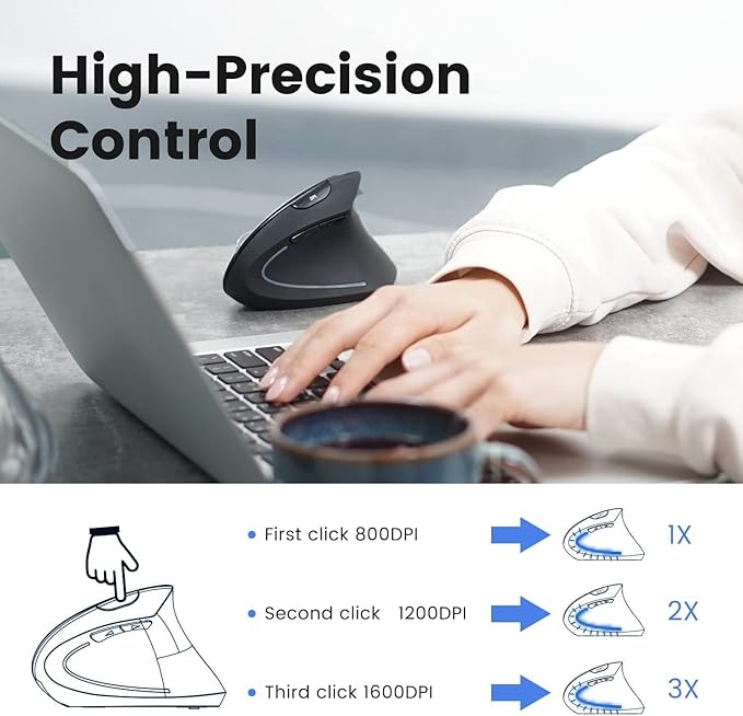 Perixx PERIMICE-813B Bluetooth Vertical Mouse - Wireless 3-in-1 Multi-Device Technology - Travelling Carry Bag - Black - Right Handed