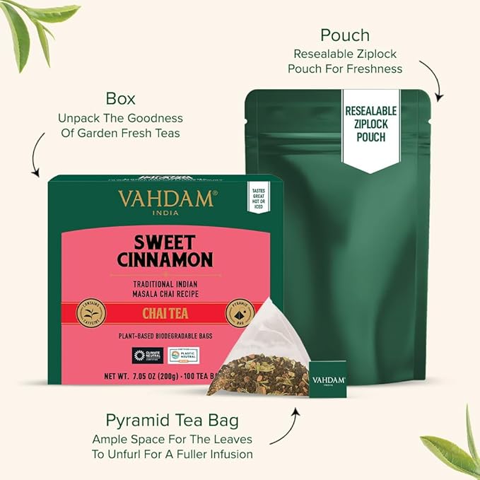 VAHDAM, Sweet Cinnamon Tea | 100 Tea Bags | 100% Natural Spices | Cinnamon Masala Chai Tea Recipe | Spiced Chai Tea Bag | Brew as Hot or Iced