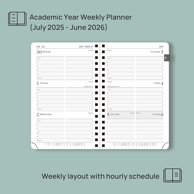 POPRUN Pocket Planner 2025-2026 (Spiral Hardcover - 4''x 6.25''), Daily Weekly and Monthly (July 2025 - June 2026) with Hourly Time Slots, for Purse, 100 GSM - Haze Blue
