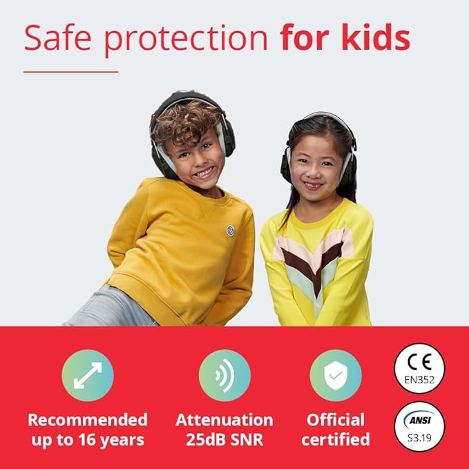Alpine Muffy Kids - Hearing Protection - CE & ANSI Certified - Adjustable for Ages 3-16 years - Noise Cancelling Headphones - 25dB Sound Reduction Ideal for Protection and Concentration Aid – Black