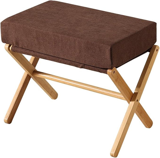Folding Footrest Stool, Small Accent Ottoman with Thick Cotton Cushion & Bamboo X Legs, Modern Padded Sofa Stool for Makeup Bedroom Living Room (Brown)