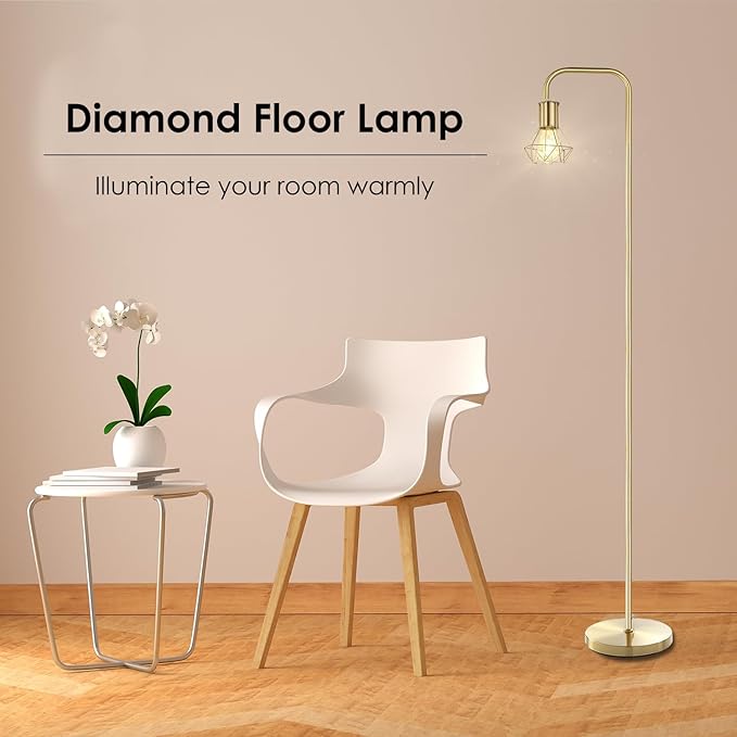 BoostArea Gold Floor Lamp, Industrial Floor Lamp, 6W Diamond Standing Lamp, E26 Socket, On/Off Footswitch, Whole Metal, Modern Small Simple Stand Up Lamp for Bedroom Living Room, Vintage, Mid Century