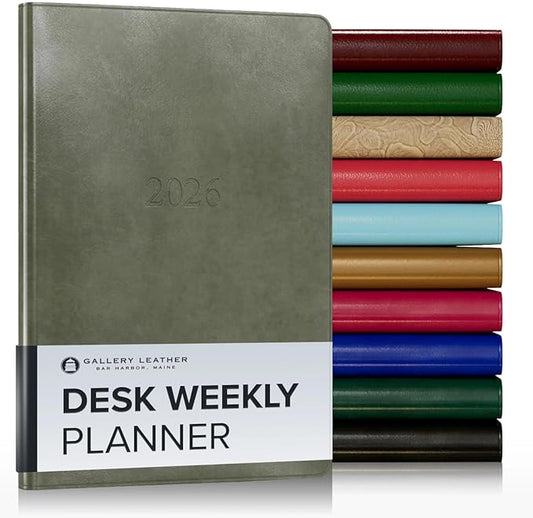 Gallery Leather Desk Weekly Monthly Planner 2025-2026, Elegantly Bound Calendar Planner and Notebook with Stylish Gold-Gilded Page Edges, 12 Months - Acadia Cactus - 8 x 5.5 "