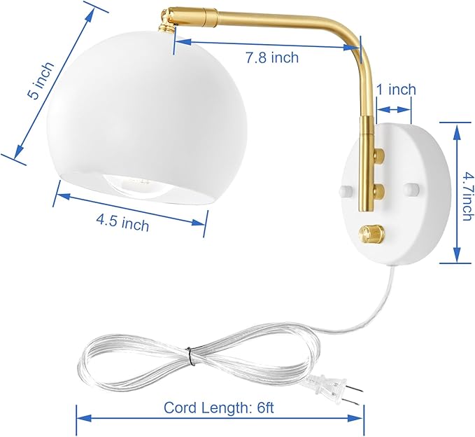 Wall Sconce with Remote Control, Plug in Wall Sconces Dimming 0-100% and Adjustable Color Temperature 2700K-6000K, Brushed Brass White Globe Swing Arm Wall Lights with Plug in Cord(2 Bulbs)