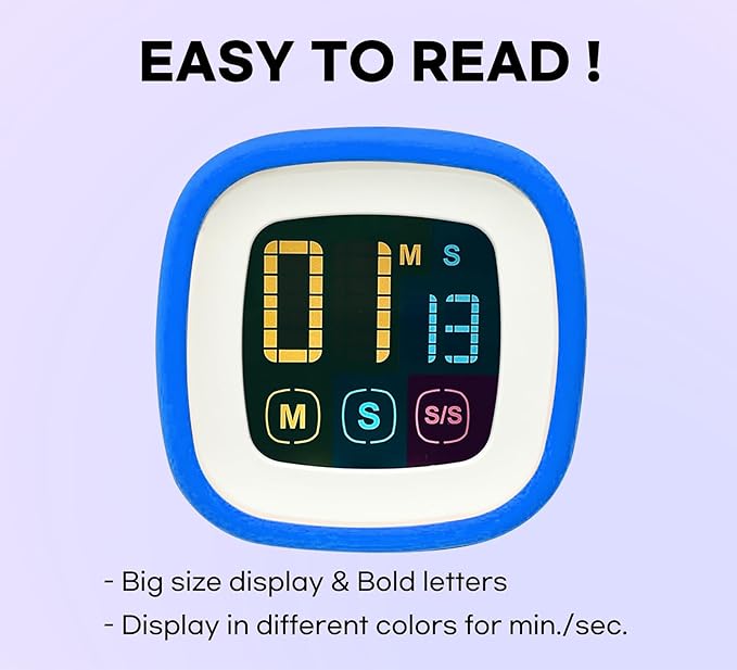 Digital Kitchen Timer, Countdown, Countup, Protective Rubber case, Large Display with Color Bold Digits, Touch Control, Backlit, Magnetic Kickstand, Loud Alarm, Auto Memory (Sky Blue)