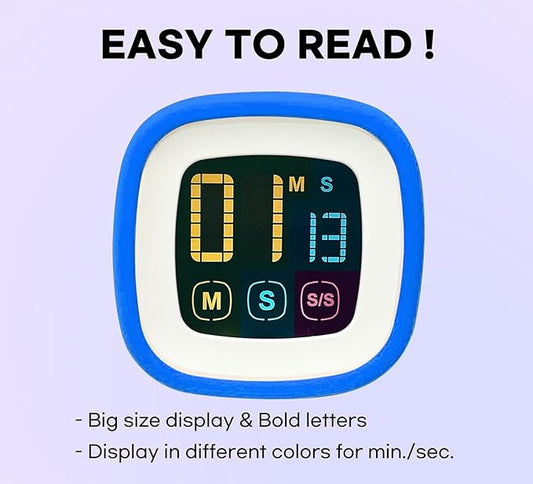 Digital Kitchen Timer, Countdown, Countup, Protective Rubber case, Large Display with Color Bold Digits, Touch Control, Backlit, Magnetic Kickstand, Loud Alarm, Auto Memory (Sky Blue)