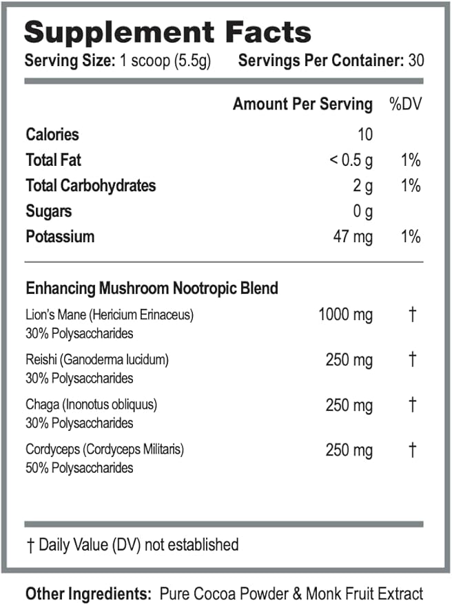 Genius Mushrooms 2.0 - Nootropic Mushroom Supplement, Cocoa Powder with Lions Mane, Reishi, Chaga & Cordyceps, Adaptogens Supplements, Biohacking Products, Adaptogen Drink Mix, 1 Month Supply