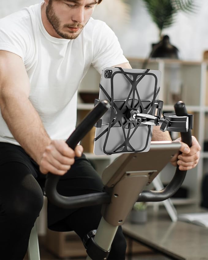 woleyi Exercise Bike Tablet Holder, Treadmill Tablet Mount Handlebar Clamp for Spin Bike, Indoor Cycling Peloton, Stationary Bicycle, Elliptical for 4.7-13" iPad Pro/Air/Mini, Galaxy, Fire, E-Book