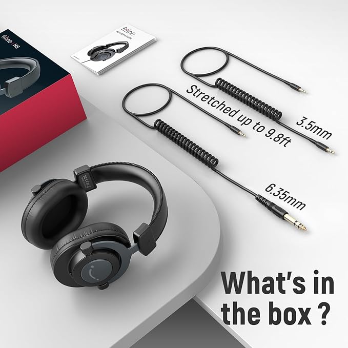 FIFINE Studio Monitor Headphones for Recording-Over Ear Wired Headphones for Podcast Monitoring, Streaming Comfortable Equipment with Detachable Cables 3.5mm or 6.35mm Jack, Black, on PC/Mixer-H8