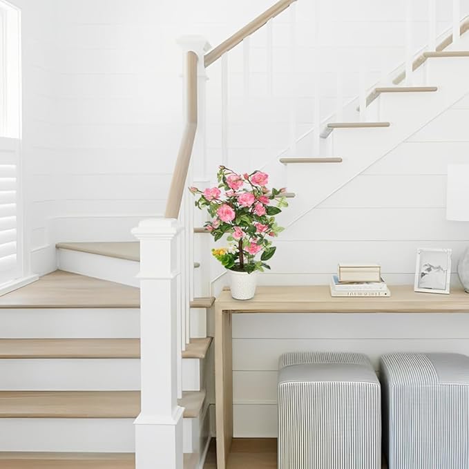 Hollyone Artificial Plants & Flowers in Vase Pink Camellia Roses Faux Flower Plant Arrangement with Pot Fake Rose Flowers Home Decor Office Bathroom Shelf Desk Table Decoration