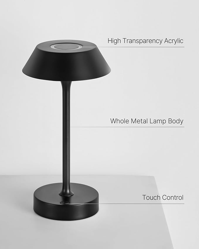 Elva Portable Table Lamp, Small Cute Cordless Rechargeable Table Lamp, 3W LED Dimmable Touch Light with 3-Color Temp, Modern Bedside Nightstand Light for Bedroom Ambient, Black