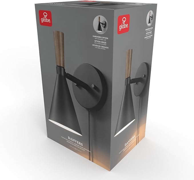 GLOBE Electric 65000101 Plug-in or Hardwire Wall Sconce, Matte Black Finish, Wood-Toned Switch, Metal Shade, 6-Foot Cord, E26 Base, Easy Installation