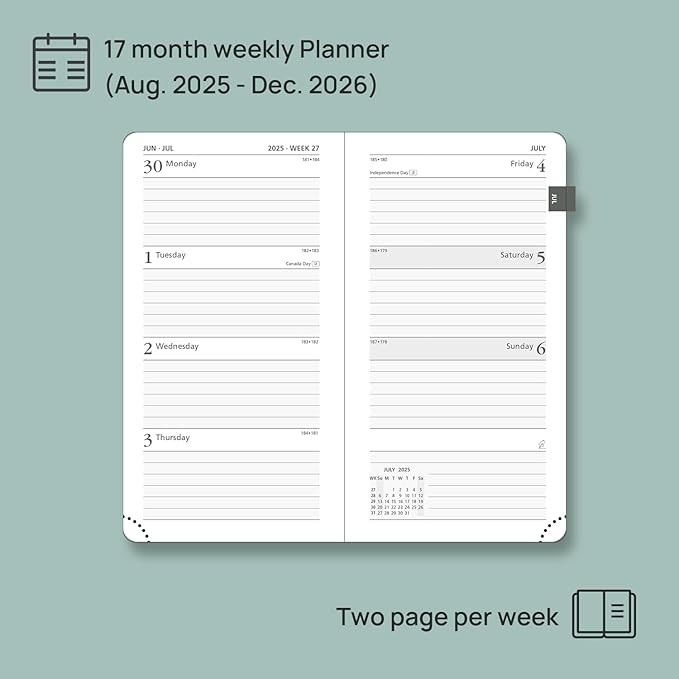 POPRUN Pocket Planner 2025-2026 (Slim Size 3.5'' x 6.5'') 17 Months Academic Calendar (Aug.2025 - Dec.2026), Weekly Appointment Book with Vegan Leather Hard Cover - Purple