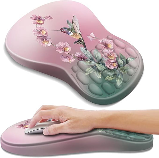 Ergonomic Mouse Pad with Wrist Rest Support, Mousepad with Comfortable Memory Foam Wrist Rest and Non-Slip PU Base for Pain Relief, Computer, Laptop, Office, Home (Hummingbird)