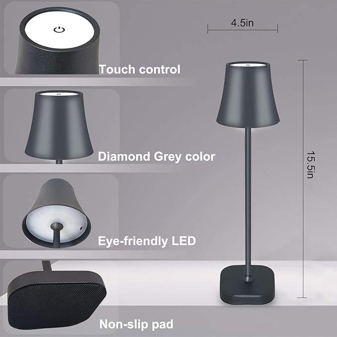 Cordless Table Lamp Portable LED Touch Lamp: 5400mAh Rechargeable Battery Operated Lamp: 3 Color Stepless Dimming Small Bedside Table Lamps for Living Room Bedroom Night Stands Home Office