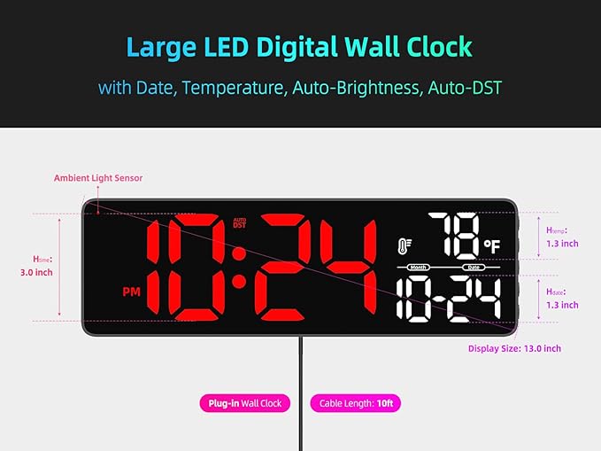 Large LED Digital Wall Clock with Date, Temperature, Auto-Brightness, Auto-DST | Big Digital Clock for Bedroom, Desk, Classroom, Living Room, Kitchen, Office, Gym, Farmhouse, Xmas Gift for Seniors