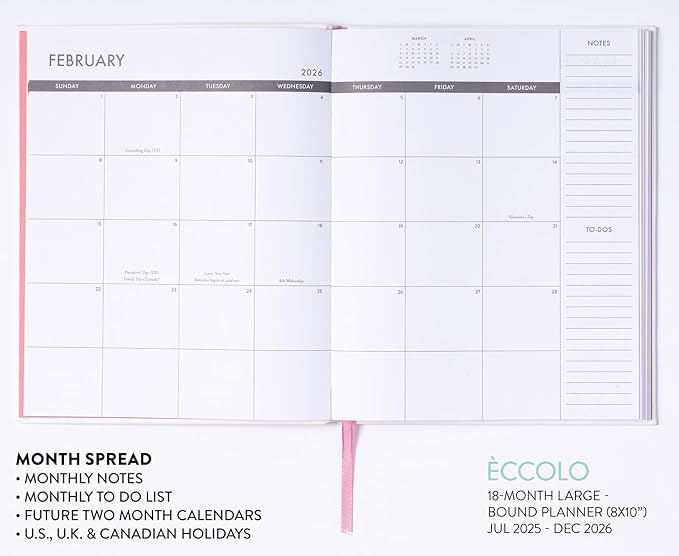 Eccolo 2025-2026 Large Agenda Planner, 18 Month, Yearly, Monthly & Weekly Pages, Habit & Gratitude Tracker (Hard-Cover- 8 x 10")