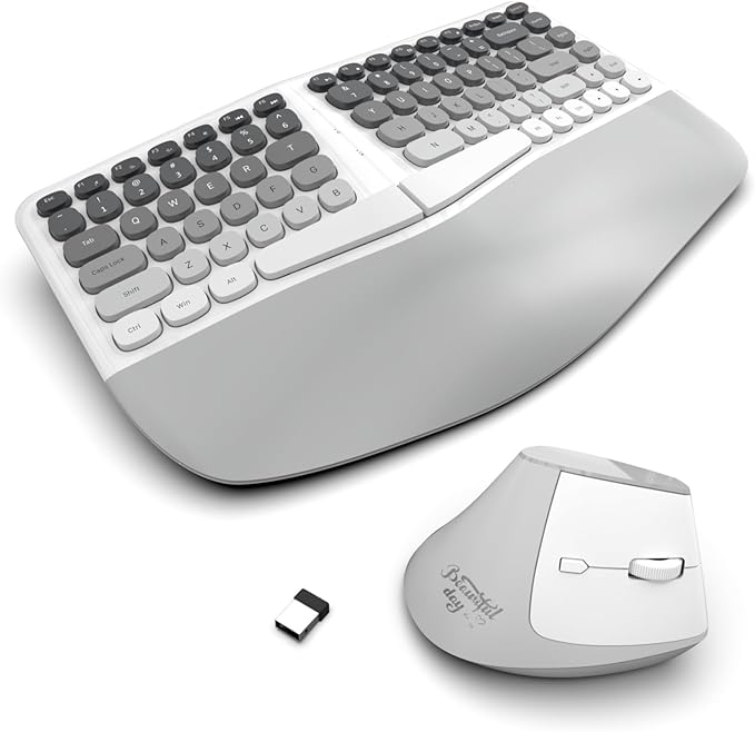 Ergonomic Wireless Keyboard and Mouse Set Creamy Wireless Keyboard Silent Mice Set with Wrist Rest for Computer, Laptop, PC, Mac, Windows