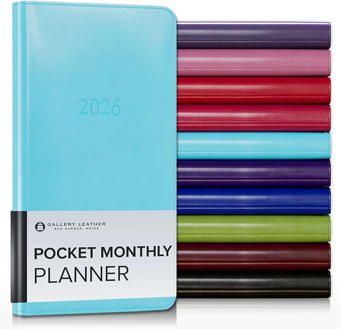 Gallery Leather Pocket Monthly Planner 2025-2026, Elegantly Bound Calendar Planner and Notebook with Stylish Gold-Gilded Page Edges, 18 Months - Acadia Pool - 6x3.25"