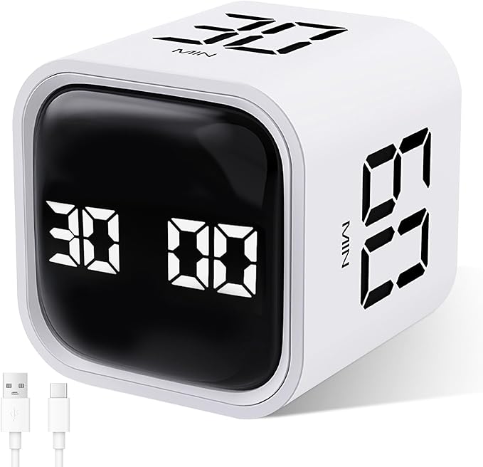 GuDoQi Multi-Function Cube Timer, 5/10/30/60 Min & Custom Count Down, Included Pause & Resume Feature, Silent, Vibrate & Adjustable Sound Alarm for Productivity in Tasks, Study & Kitchen, White