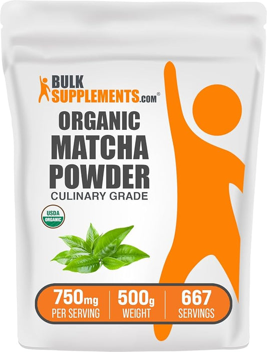 BulkSupplements.com Organic Matcha Powder - Matcha Powder for Latte, Culinary Grade Matcha - Organic & Gluten Free, 750mg per Serving, 500g (1.1 lbs) (Pack of 1)