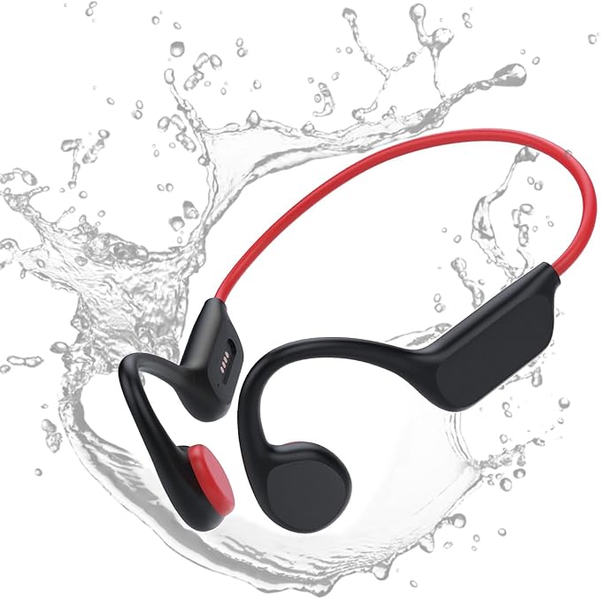 Bone Conduction Headphones Sports Headset Open-Ear Bluetooth 5.4 Wireless Swimming Earphones with Built-in Mic 32G Memory Magnetic Charging IPX8 Waterproof for Workout Running Cycling (Black Red)