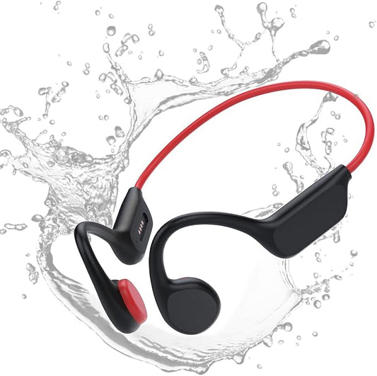 Bone Conduction Headphones Sports Headset Open-Ear Bluetooth 5.4 Wireless Swimming Earphones with Built-in Mic 32G Memory Magnetic Charging IPX8 Waterproof for Workout Running Cycling (Black Red)