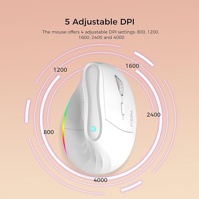 57° Wireless Ergonomic Mouse, Vertical Mouse, Carpal Tunnel Mouse, RGB Light, Rechargeable, Bluetooth & 2.4G, 5-level DPI Adjustment, Quiet Click Ergo Mice Compatible with PC, Laptop, Mac, White