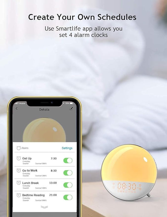 Dekala Smart Sunrise Alarm Clock for Kids, Wake Up Light for Bedrooms, Teens Heavy Sleepers,Sleep Aid with FM Radio, Sunrise/Sunset Simulation, 4 Alarm Clock, 7 Natural Sounds, APP Remote Control