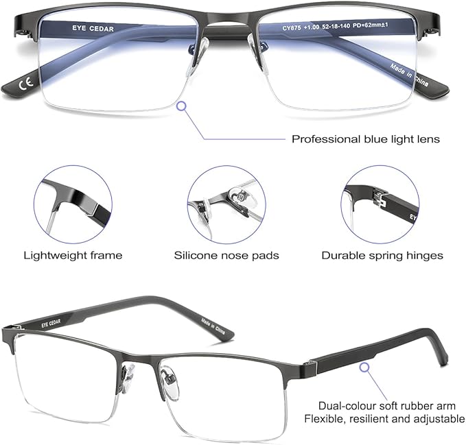EYECEDAR 5 Pack Blue Light Blocking Reading Glasses Men Metal Half Frame Spring Hinges Rubber Flexible Temple Computer Eyeglasses Readers for Men 2.50