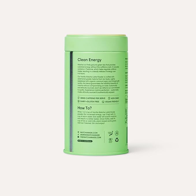 Morning Made Vanilla Flavored Ceremonial Grade Matcha Powder | 8.46oz (240g) Resealable Tin | 60 Servings Premium Japanese Green Tea | Sweetened with Organic Sugar | Rich in Antioxidants & Energy Boosting