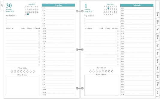 2025-2026 Planner Refill - One Page Per Day, 3-Hole Daily ＆ Monthly Planner Refills, July 2025-June 2026, Prioritized, To-Do List, Notes, Appointment Schedule, Folio Size, 8.5" x 11"