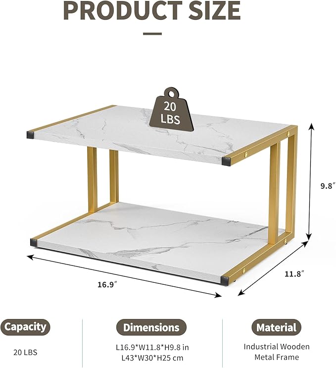2 Tier Printer Stand, Desktop Printer Stand with Reinforced Metal Frame, Marble White Design Printer Shelf for Home Office, Compact Printer Stand for Desk or Under Desk, Holds Up to 20lbs