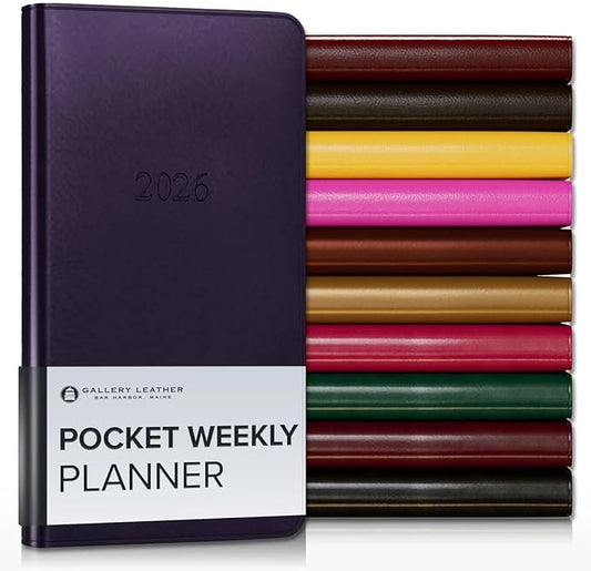 Gallery Leather Pocket Weekly Monthly Planner 2025-2026, Elegantly Bound Calendar Planner and Notebook with Stylish Gold-Gilded Page Edges, 12 Months - Freeport Metallic Purple - 6 x 3.25 "