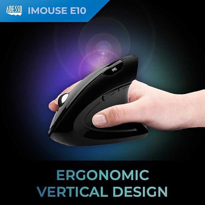 Adesso iMouse E10 - Vertical Ergonomic Optical 6-Button 2.4 GHz RF Wireless Mouse - Right Hand Orientation, Black