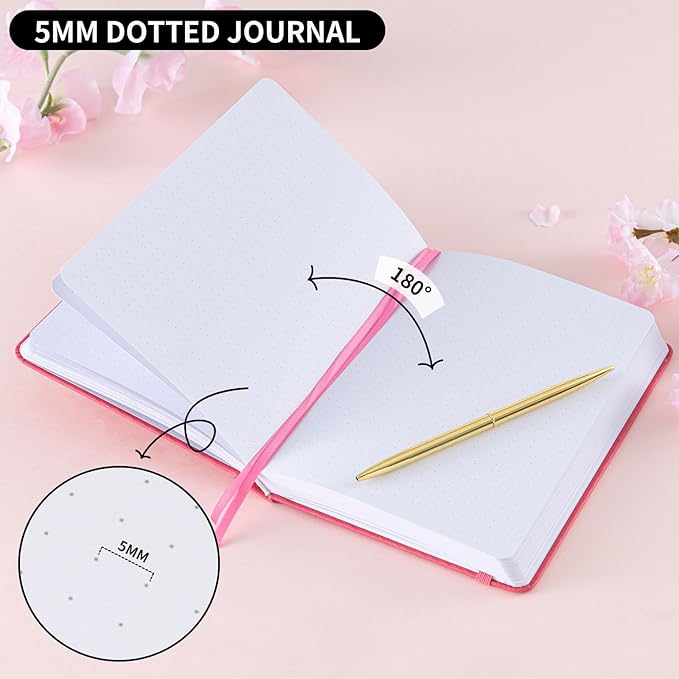 Dot Grid Journal with 160GSM Thick Paper, 192 Pages, A5 Dotted Notebook for Work, School, Travel | 180° Lay Flat, Foil Stamped Cover, Elastic Band, 2 Bookmarks & Inner Pocket (Rose Red)