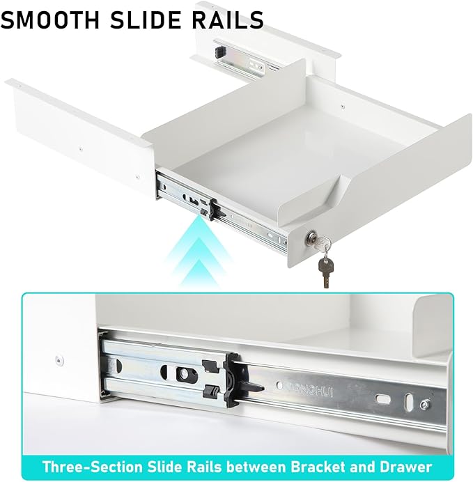Lockable Drawer for Under Desk White,16" W x 11.8" D x 6.3" H Under Desk Locking Locking Drawer