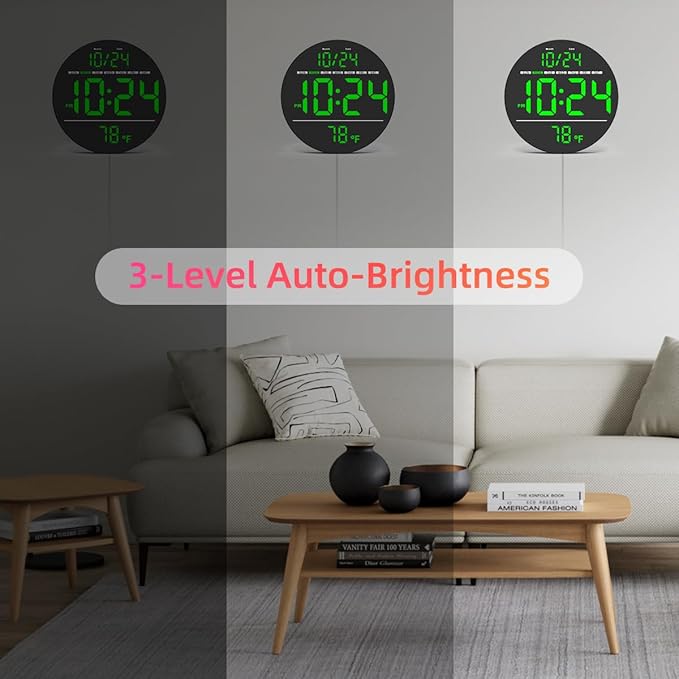 Digital Wall Clock with Large LED Display, Date, Temperature, Auto-Brightness | Small [PLUG-IN] Clock | Modern Electric Wall Clock for Bedroom, Classroom, Living Room, Home, Office, Farmhouse – Green