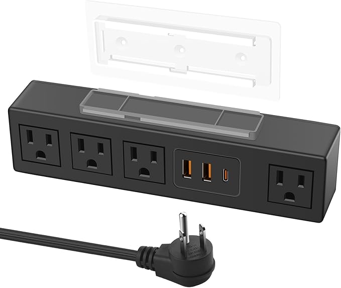HHSOET Under Desk Power Strip with 3M Adhesive, Removable Under Desktop Mount Plug with 30W Fast Charging USB C and USB A Ports, 4 Outlet Under Table Surge Protector 1200J, 6FT Extension Cord. (Black)