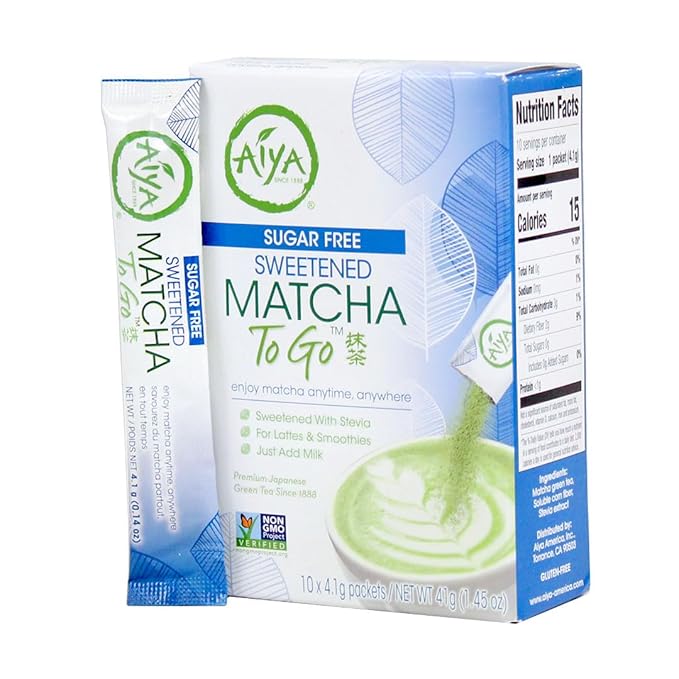 Aiya Sugar-Free Sweetened Matcha To Go Sticks - Stevia Sweetened Packets, Premium Japanese Matcha Powder, Gluten-Free - 10 Single-Serving Sticks