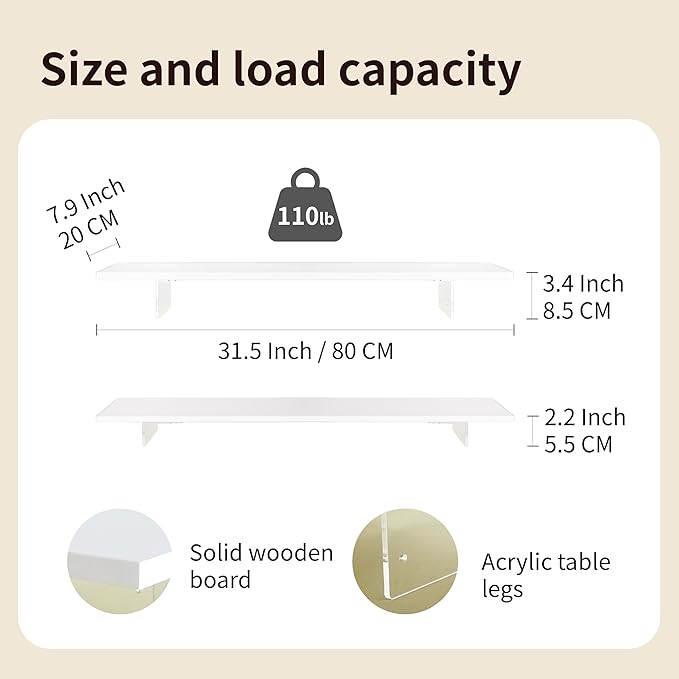 Wood Monitor Stand Riser with Acrylic Legs, Computer Screen Stand Desk Organizer, 31.5 x 7.9 x 3.1 inch, Hold up to 66 lbs (White, 31.5"×7.9"×3.1")