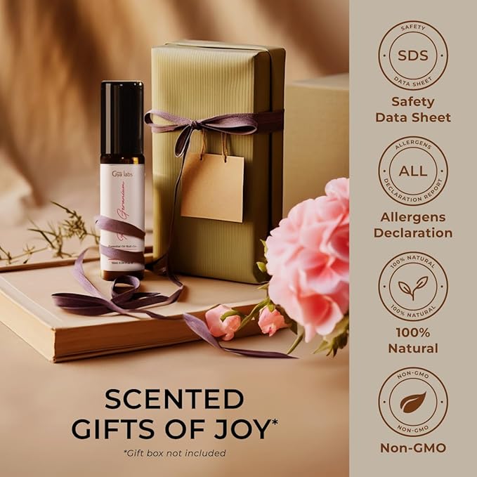 Gya Labs Rose Geranium Essential Oil Roll on for Skin - 100% Pure Natural Rose Geranium Perfume Oil for Women, Long-Lasting Floral Body Aroma, Alcohol-Free, Travel Size (0.34 Fl Oz)