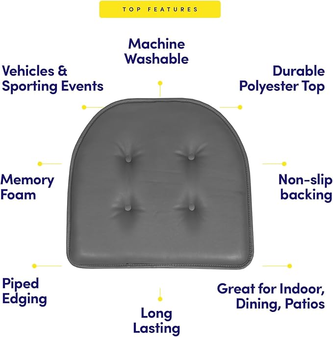 Sweet Home Collection Chair Cushion Memory Foam Pads Tufted Slip Non Skid Rubber Back U-Shaped 17" x 16" Seat Cover, 6 Pack, Faux Leather Gray